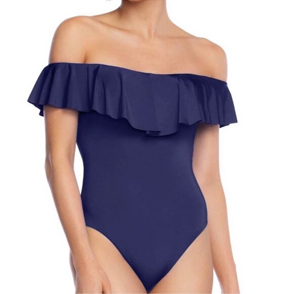 Trina Turk navy blue off shoulder ruffle one piece swimsuit modest full coverage - Picture 2 of 10